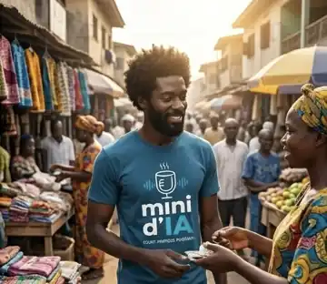 Un jeune vendeur échange avec une cliente sur un marché animé